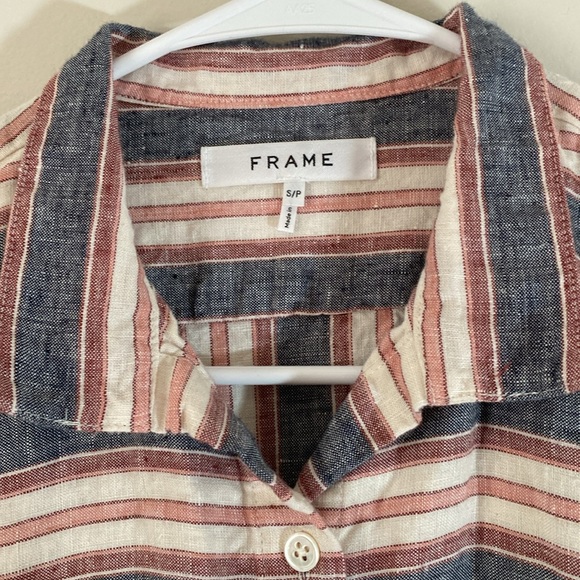 frame denim Frame Bib Striped button up  Linen Shirt - Natural White Multi - Picture 3 of 5